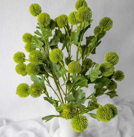Green Pom Pom Spray - Realistic Artificial Flowers and Greenery