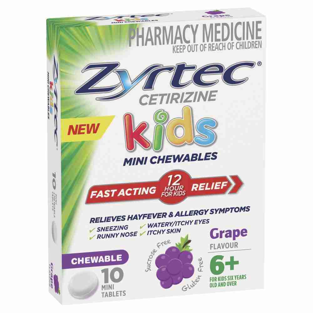Zyrtec Kids Allergy & Hayfever Antihistamine Chewable Grape Tablets 10 Pack