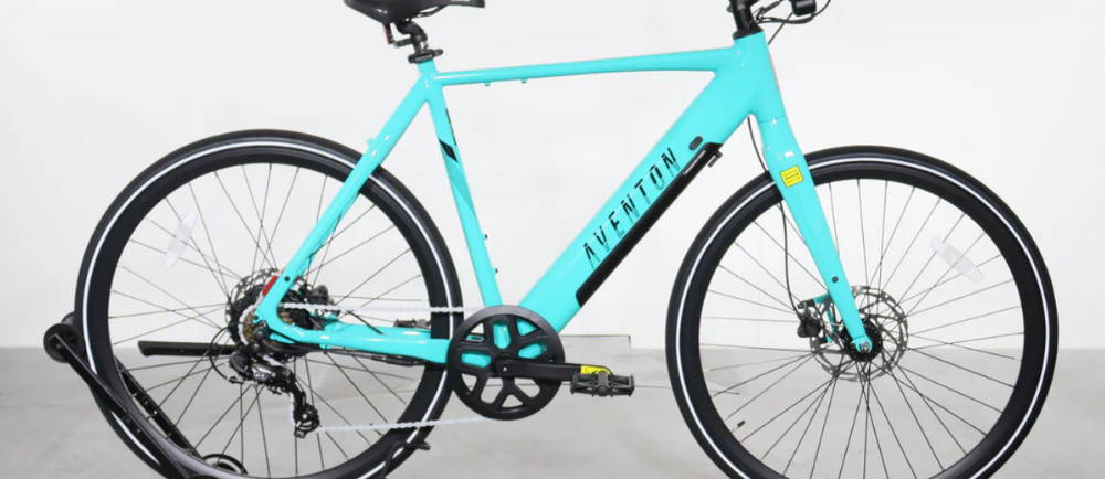 a light blue Aventon Soltera 2.5 electric city bike