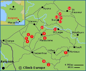 Map of the main rock climbing areas around Avignon, Provence, in the south of France