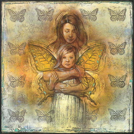 A mother embracing her little girl who has butterfly wings. They are framed in a pattern of butterflies.