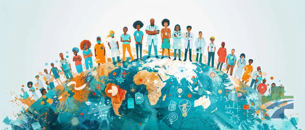 Illustration of travel nurses united in promoting holistic healthcare worldwide.