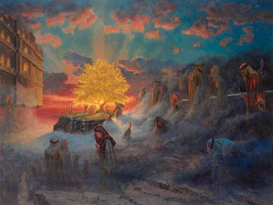 A painting of Lehi's Dream, centered around the glowing Tree of Life.