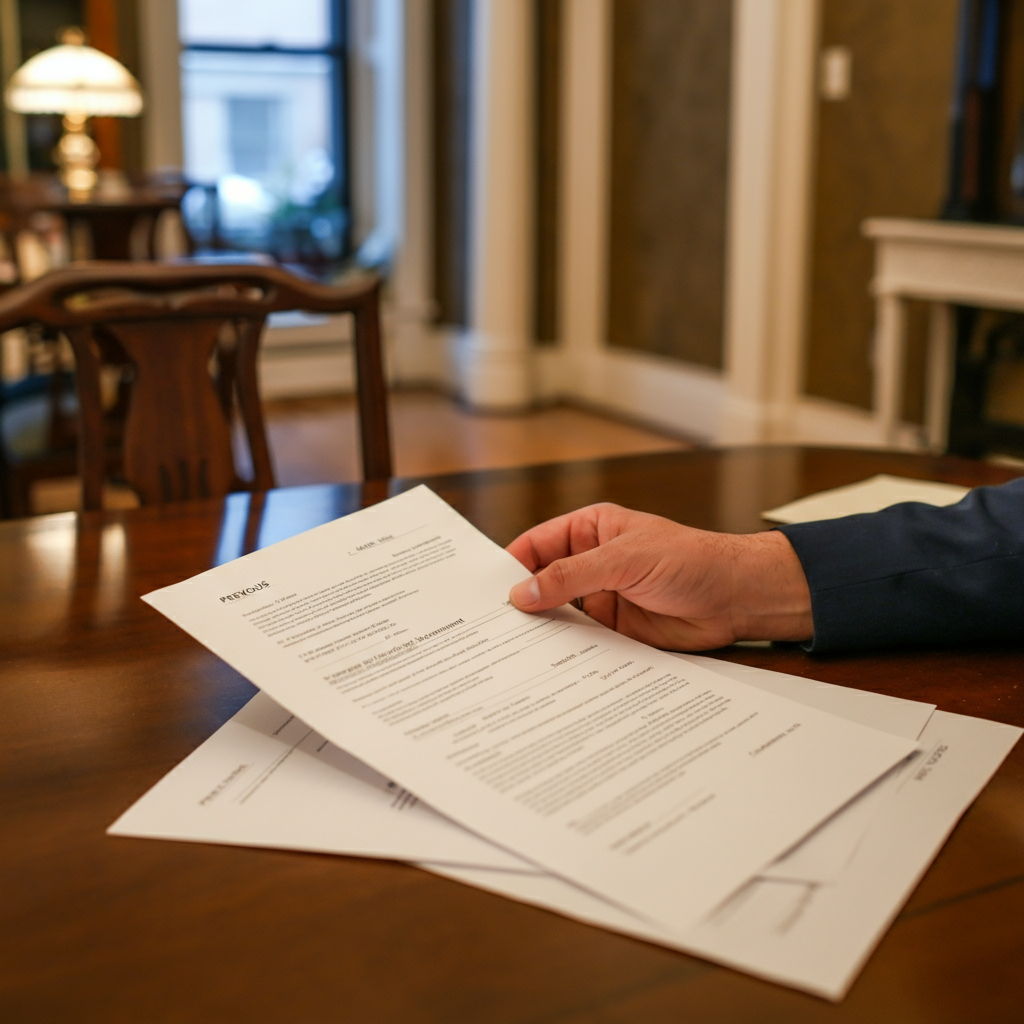 Year 1: A new Lincoln Park condominium owner reviews their closing documents showing the previous assessment of $180,000 for a unit purchased at $950,000. The papers are spread across a dining table in a sunlit room with hardwood floors and classic architectural details.