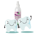 VierBeinerGlück Zahnstein-Dental Spray Animation mit zwei lachenden Zähnen und eine Flasche Zahnstein-Dental Spray im Hintergrund