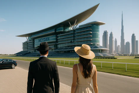 Couple in elegant attire stands at the Meydan racetrack viewing the Grandstand and Dubai skyline with Burj Khalifa.