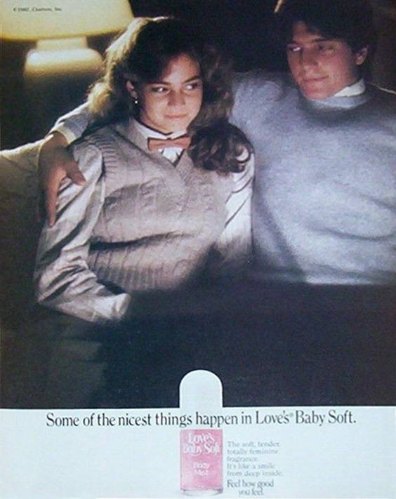 Love's Baby Soft vintage ad with a young woman and a young man sited on a sofa: "Some of the nicest things happen in Love's Baby Soft"