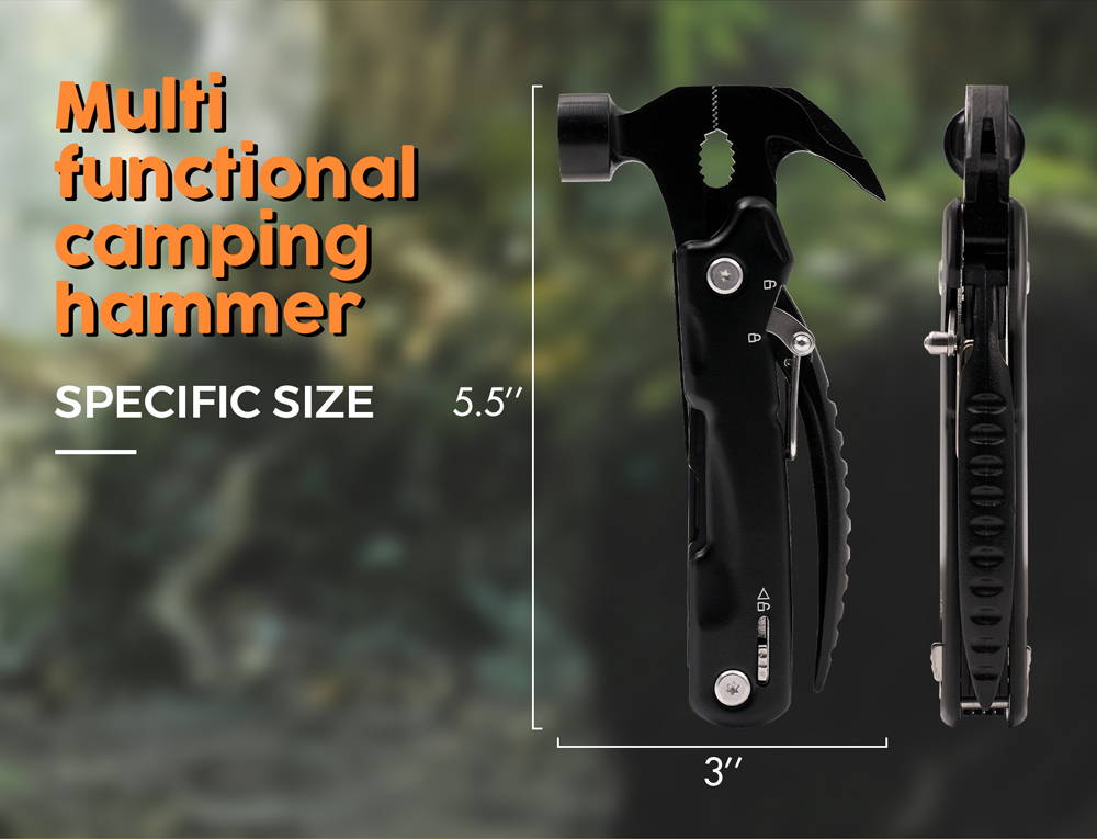 The size of this multi functional camping hammer is 5.5'' in length and 3'' in width