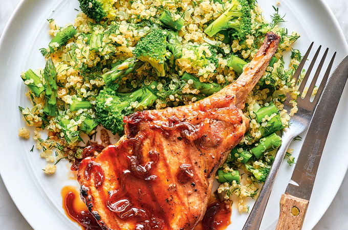 Grilled Pork Chops and Quinoa with Broccoli and Asparagus