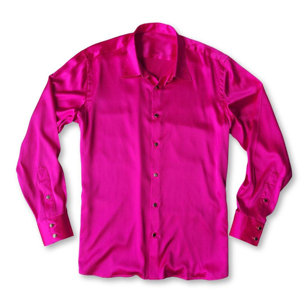 product photo of a mens long sleeve pink silk shirt from 1000 kingdoms