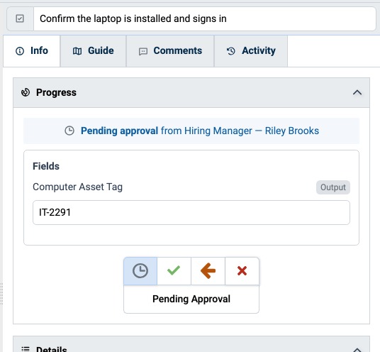 Task at Pending Approval, with the Approve, Return for Revision, and Reject buttons