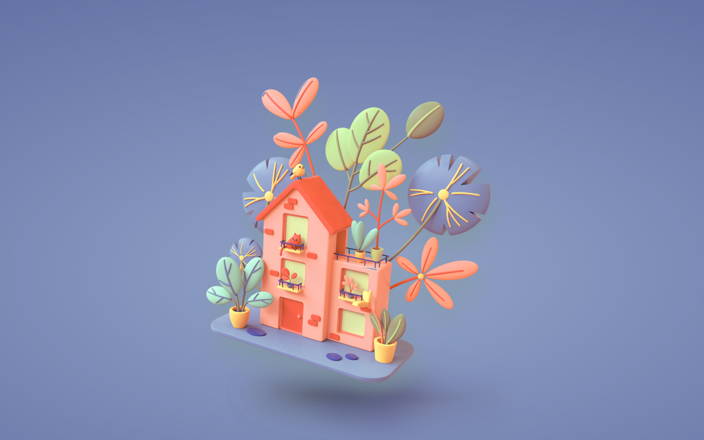 Cartoon illustration of floating house with plants (preview)