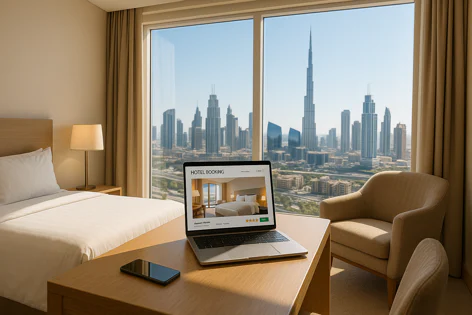 Luxurious hotel room overlooking Dubai skyline with Burj Khalifa. Laptop on desk displays a hotel booking site, smartphone nearby. Bed and chairs are visible.