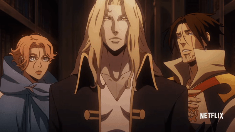 Sypha, Trevor, and Alucard looking at someone off camera. All have serious looks on their faces.