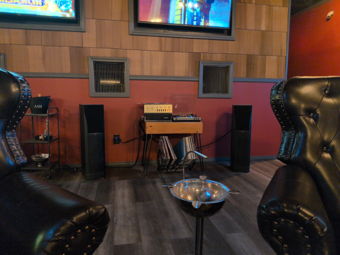 Record player, vinyl collection, sound system