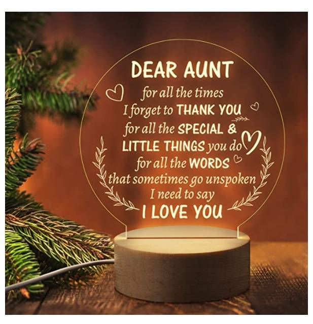 a Personalized Engraved message Warm White color LED high quality Acrylic night Light with wooden base is the best gift for your aunt