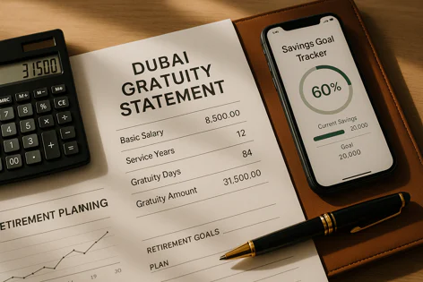 A Dubai Gratuity Statement showing a 31,500 amount, a calculator displaying the same number, and a phone with a savings tracker app showing 60% completion.