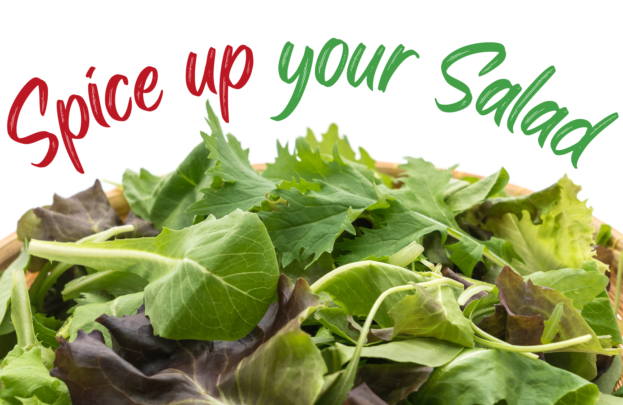 A bowl of mixed salad greens with the words "Spice up your Salad" over top