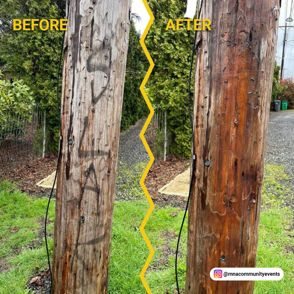 removing graffiti from wood post and trees with Worlds Best Bare Brick Stone and Masonry Graffiti Remover