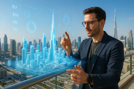 A man in a suit jacket interacts with a large blue holographic projection of a city model with data overlays, overlooking the Dubai skyline.