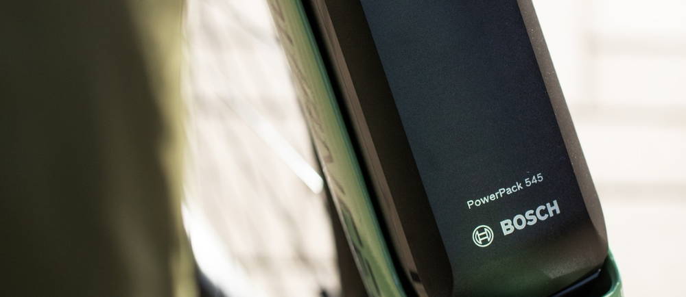 Close up of Bosch PowerPack 545 electric bike battery