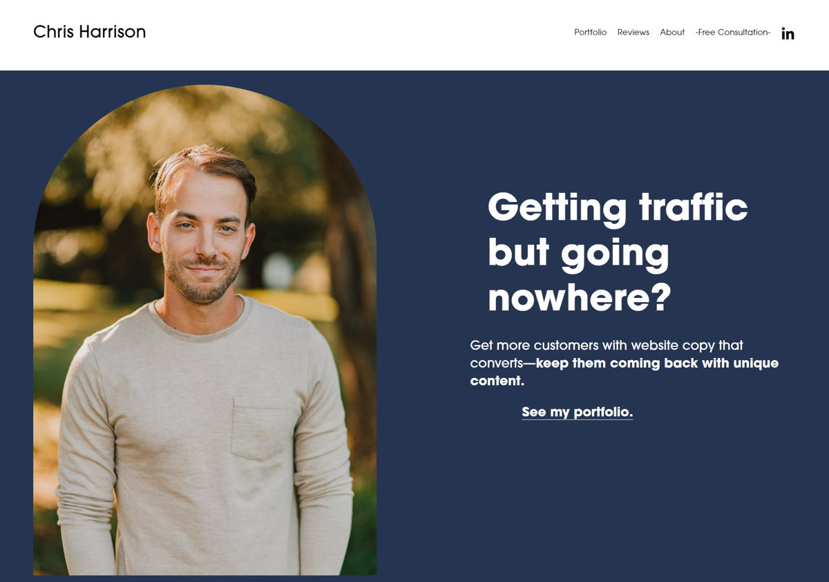Screenshot of Chris Harrison, from the copywriting portfolios collection.