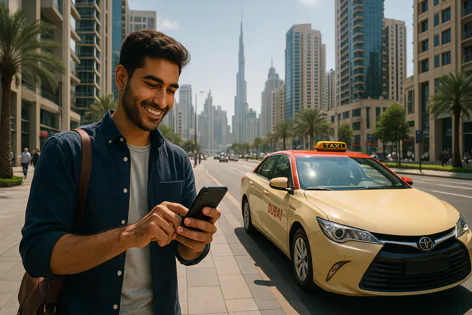 Smiling man looks at his smartphone on a Dubai street next to a yellow taxi, with tall buildings and palm trees visible.