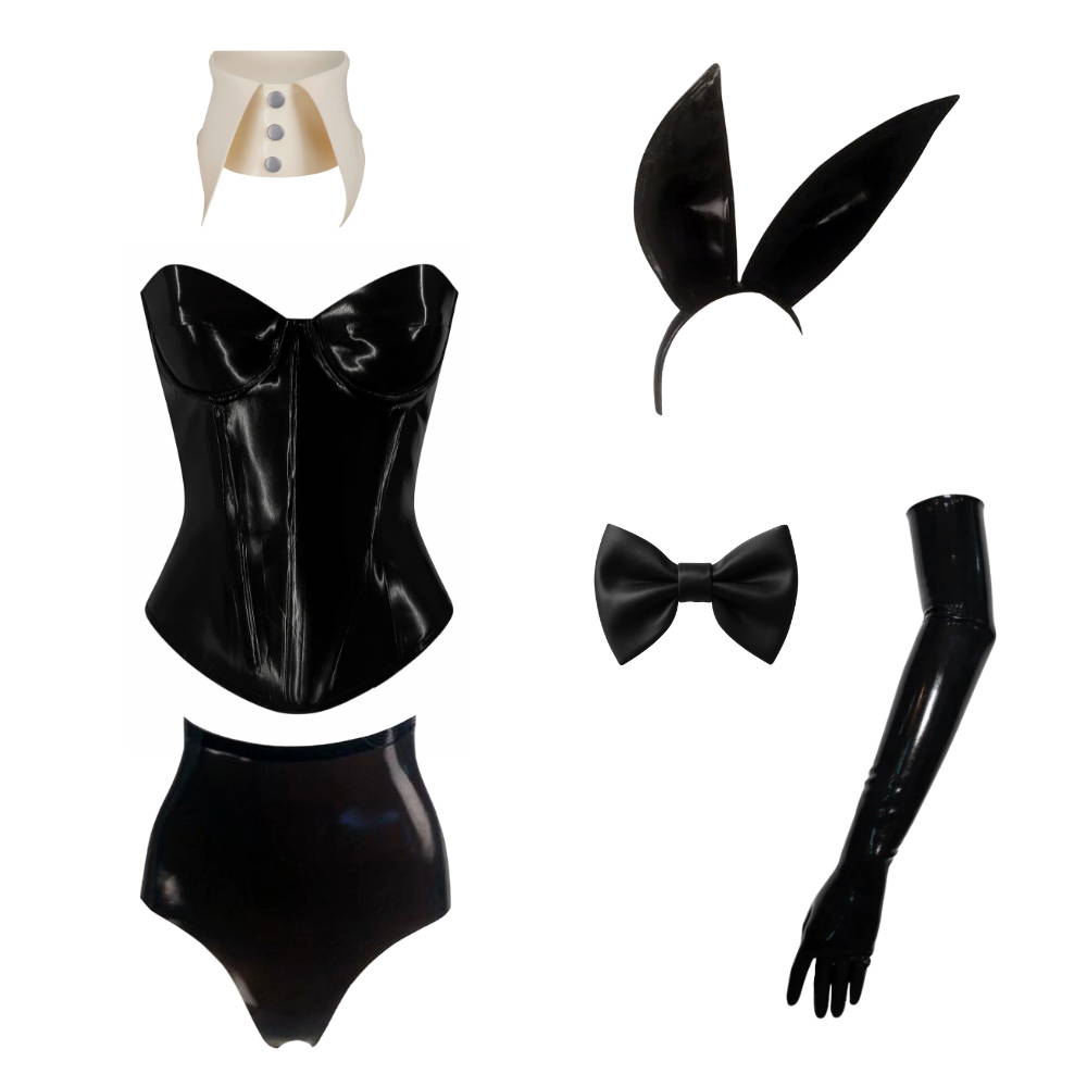 Black latex Playboy bunny costume set with corset, ears, bow tie, and gloves by Vex Clothing.