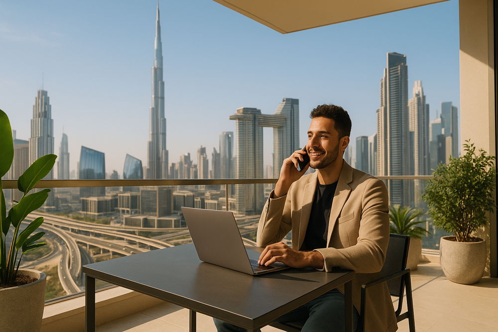 Smiling man in a blazer works on a laptop and talks on a phone from a balcony with a panoramic view of the iconic Dubai skyline and intricate highways in the background.