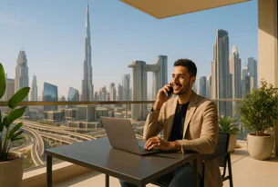 Smiling man in a blazer works on a laptop and talks on a phone from a balcony with a panoramic view of the iconic Dubai skyline and intricate highways in the background.