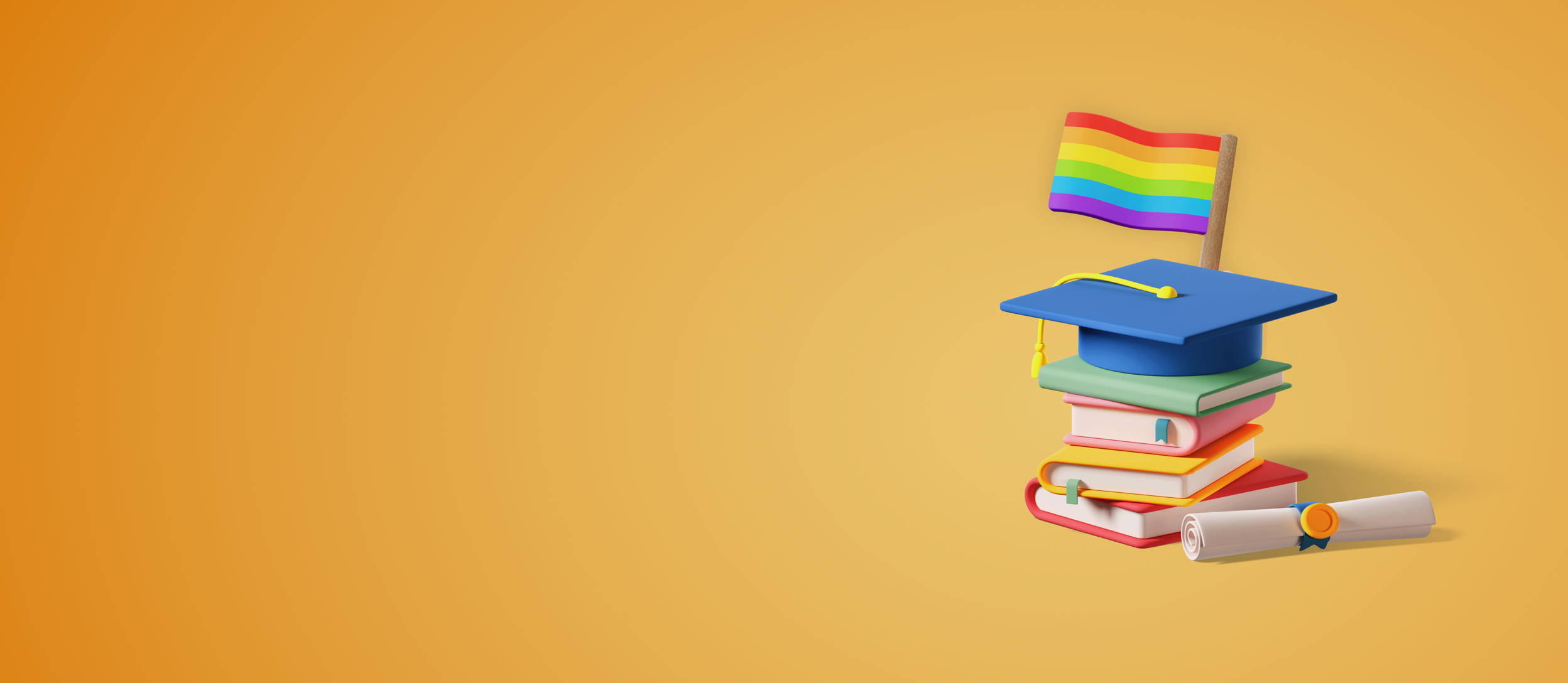 A rainbow flag, graduation cap, and stack of colorful textbooks (large)