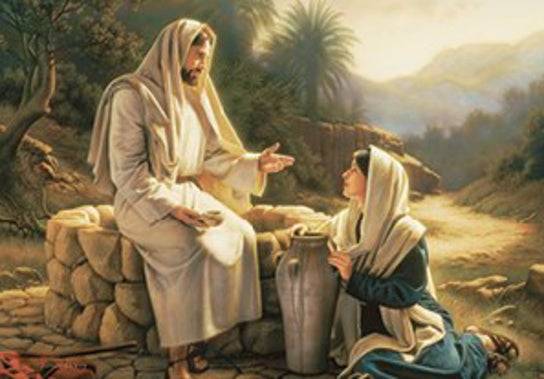Jesus sitting at a well speaking to a woman with a vessel full of water.