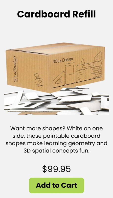 Cardboard Refill box with assorted 3DuxDesign die-cut cardboard shapes for classroom STEM projects hands-on building geometry activities and 3D modeling for PreK–12.