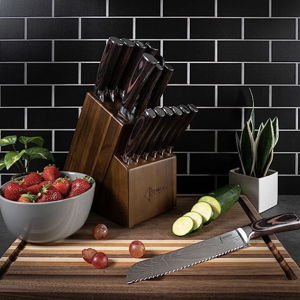 SENKEN 16-Piece Natural Acacia Wood Kitchen Knife Block Set - Japanese Chef's Knife Set with Laser Damascus Pattern, Includes Steak Knives & Kitchen Shears, Santoku, Cleaver & More (Wooden Handles)