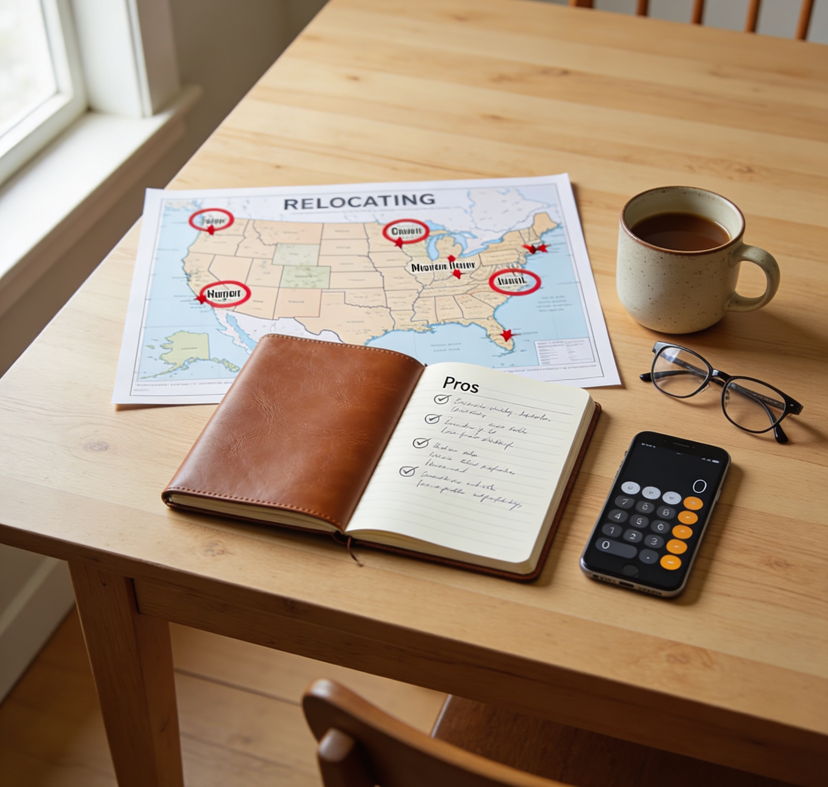 Overhead flat-lay photograph on a light wooden dining table showing relocation planning materials: a printed map of the United States with several cities circled in red marker, a leather-bound notebook open to handwritten pros and cons lists, a ceramic coffee mug, reading glasses, and a smartphone displaying a calculator app. Soft diffused natural window light from the left, clean minimalist composition, 35mm lens perspective.