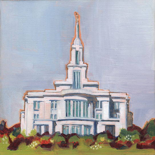 Painting of the Payson Temple surrounded by bushes and flowers.
