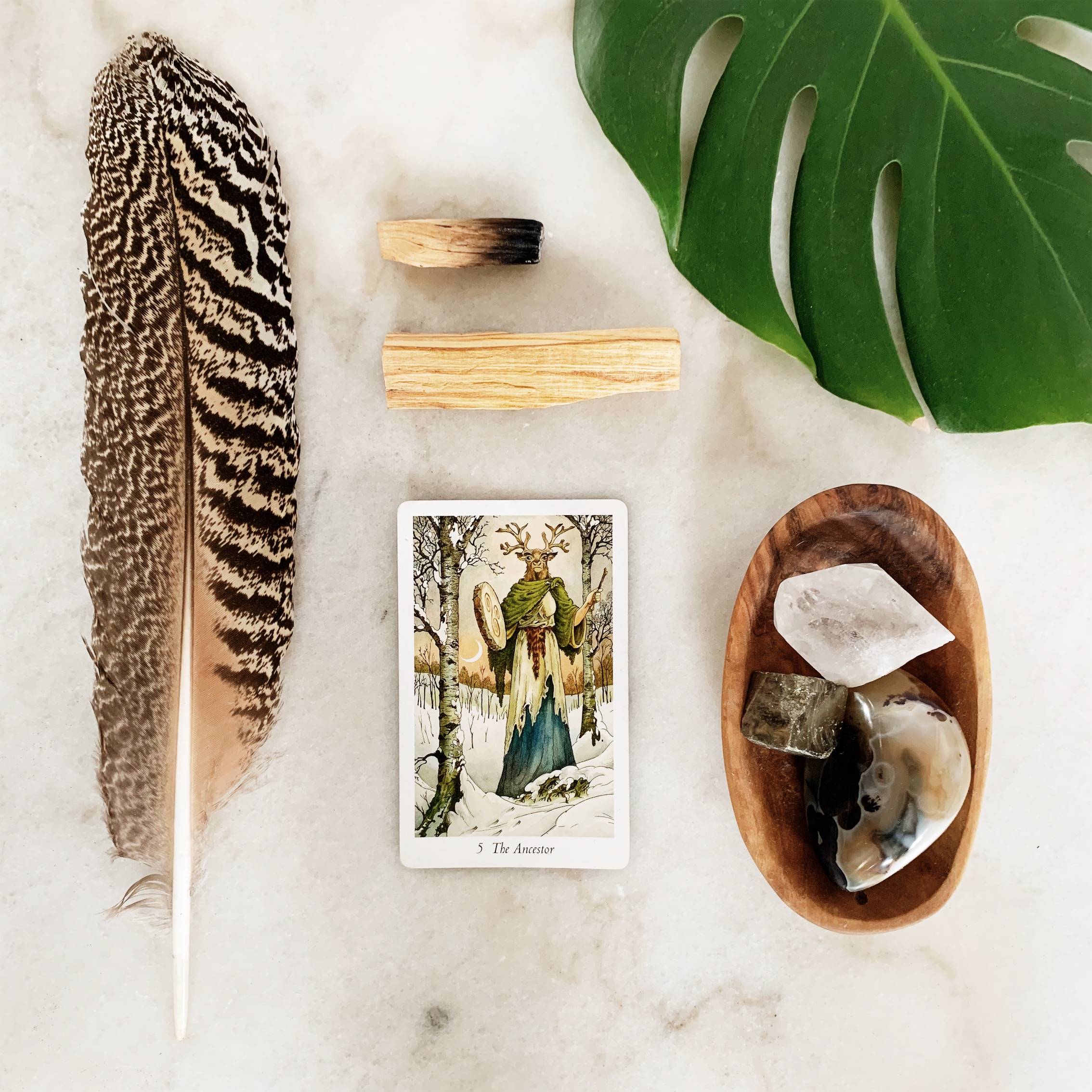 Tarot card, palo santo, crystals, and a turkey feather