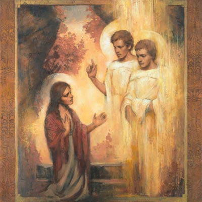 Mary speaking to two angels at Jesus' tomb.