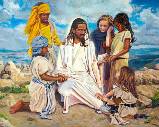 Painting of kids gathered around Jesus, looking at the scars in His palms.