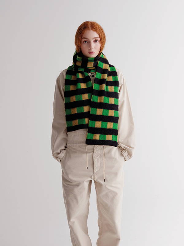 model wears Brushed Check & Stripe Scarf Pagoda & Bullion