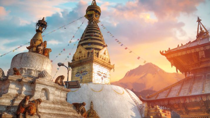 Swayambhunath Stupa, perched atop a hill, offers panoramic views of Kathmandu Valley