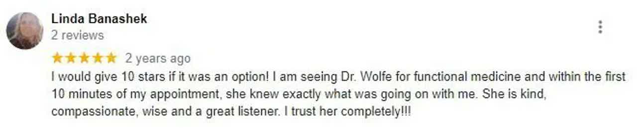 Screenshot showing “Linda Banaskek” profile, 2 reviews, 2 years ago, and a user text review about medicine.