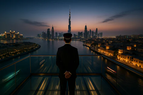A person in a suit and hat stands on a glass balcony, looking out at the illuminated Dubai skyline with the Burj Khalifa towering over the river at dusk.