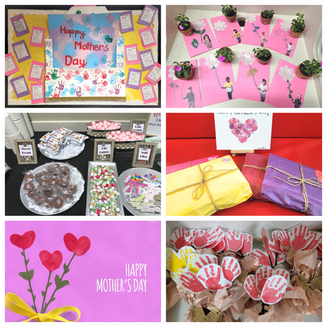 Collage of hand-made Mother's Day presents made by the students and the treat table set up for gifts for moms 