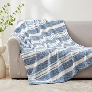 Snuggle Sac Knitted Throw Blanket for Couch, Reversible Super Soft Microfiber Blankets Warm Cozy Knit Fuzzy Plush Lightweight Throws for Sofa, Bed, Camping, Picnic, Stripe Blue, 50 x 60 inches