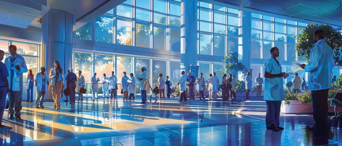 Diverse healthcare professionals engaged in a dynamic exchange of ideas in a buzzing hospital environment.