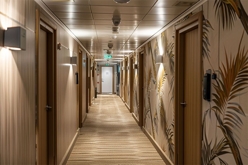 a corridor on an offshore oil rig facility ship with a tropical IMO certified wallcovering