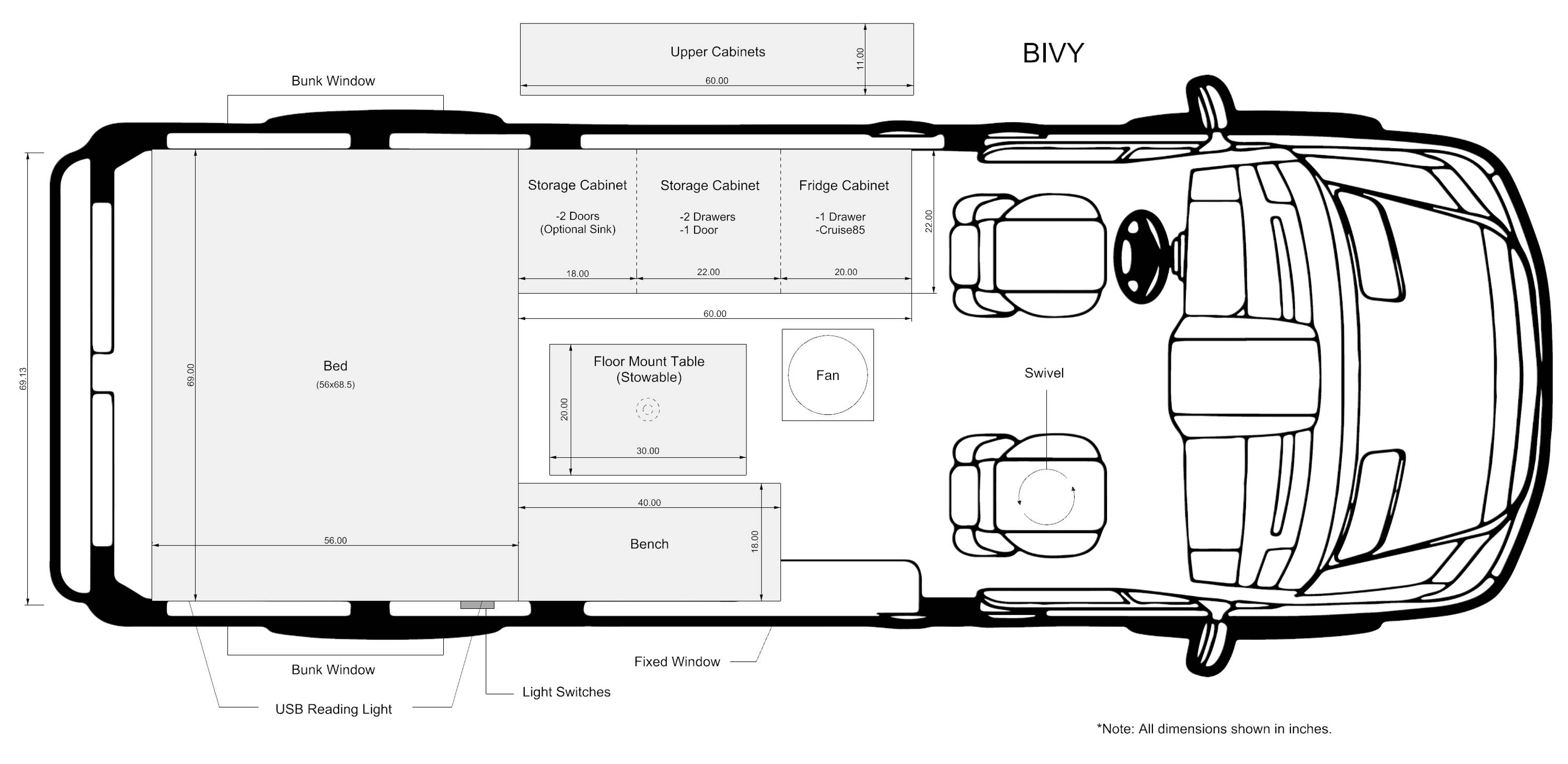 The Bivy - Sprinter 144 / ProMaster 136 Van Conversion Floor Plan and Interior Layout - The Vansmith