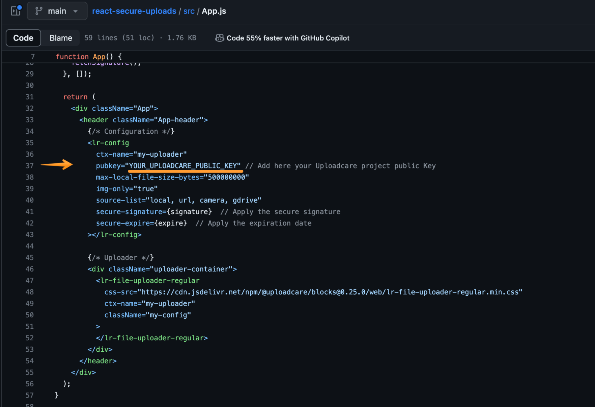Inserting the Uploadcare public key to the code