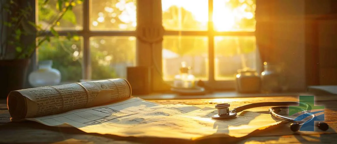 Ancient scroll and stethoscope in a room, symbolizing healthcare's evolution
